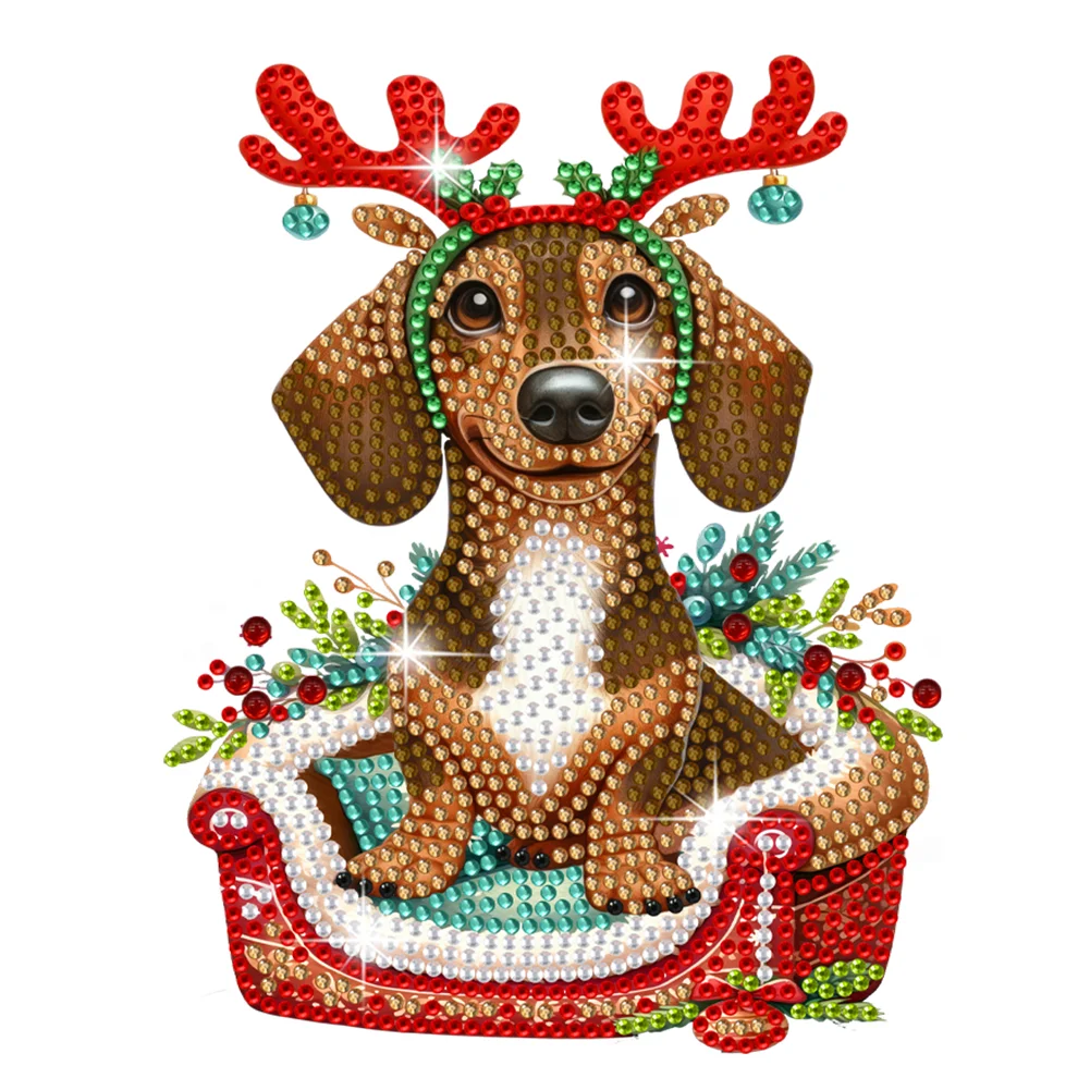 DIY Xmas Shaking Head Dachshund Acrylic Desktop Diamond Painting Art Kits for Kids