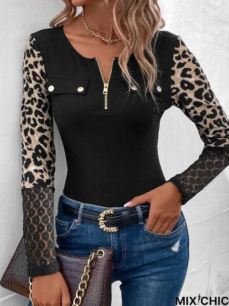 Casual Long sleeve V Neck Leopard Lace T-Shirt