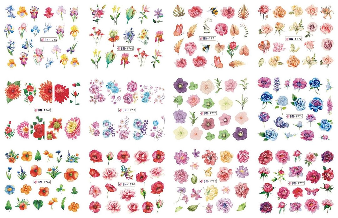 Nail Stickers Water Transfer Flowers Leafs Designs 12Pcs/Set Nail Decal Decoration Tips For Beauty Salons