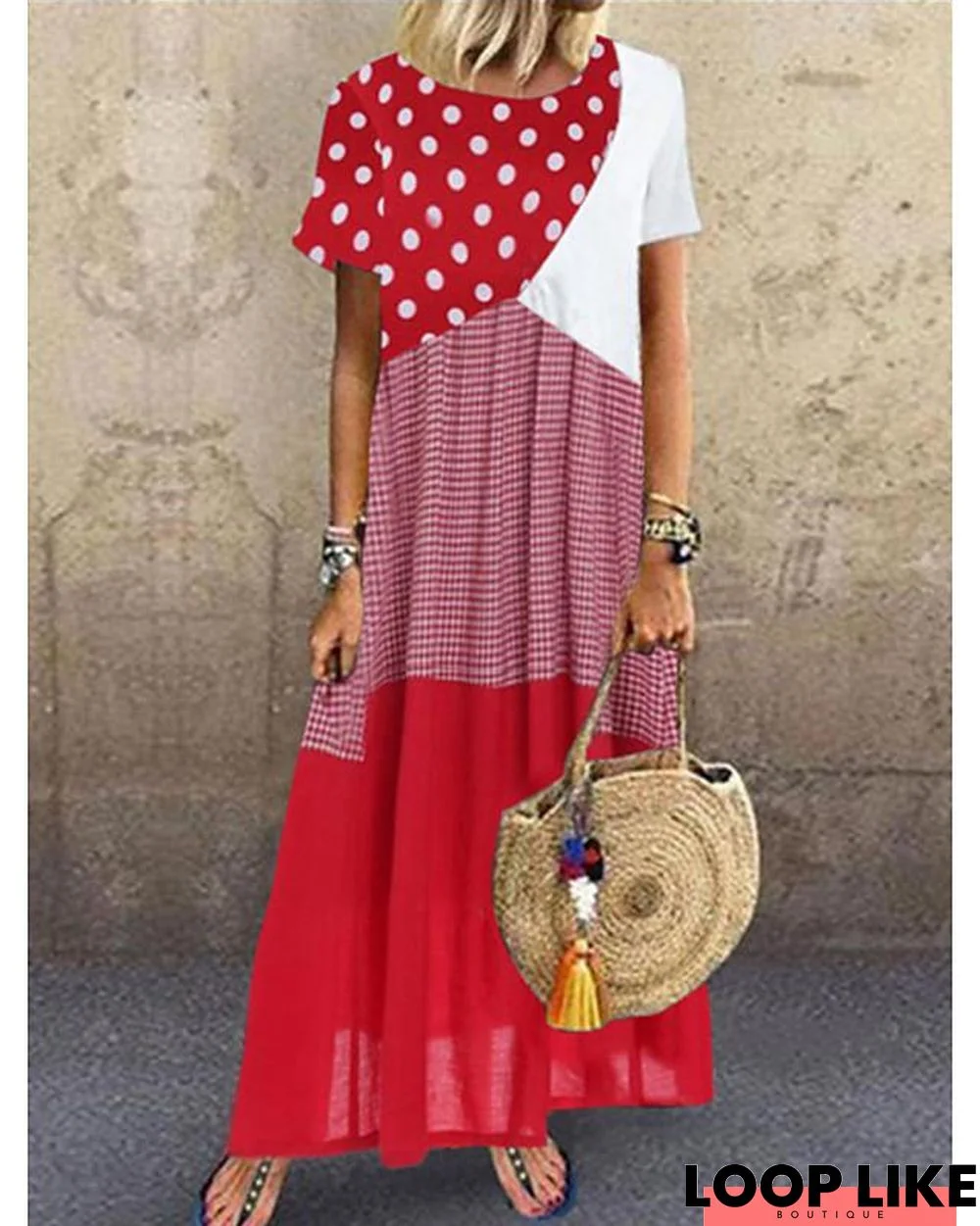 Women's Maxi Long Dress Short Sleeve Polka Dot Print Summer Hot Casual Blue Red Yellow Red Combo