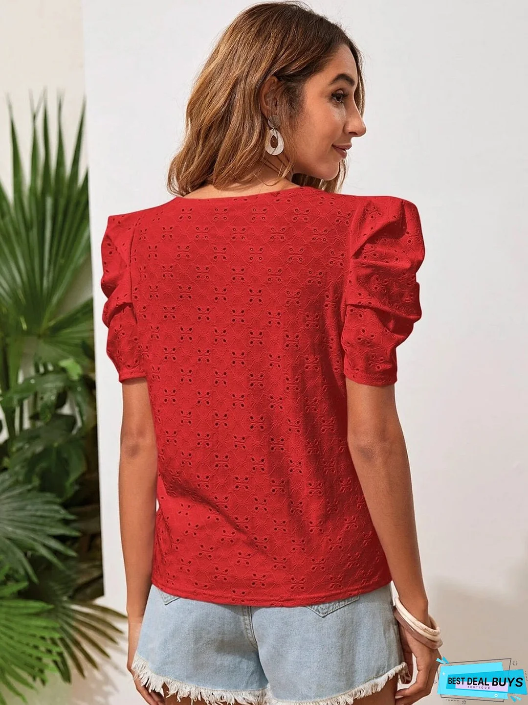 Eyelet Round Neck Puff Sleeve Blouse