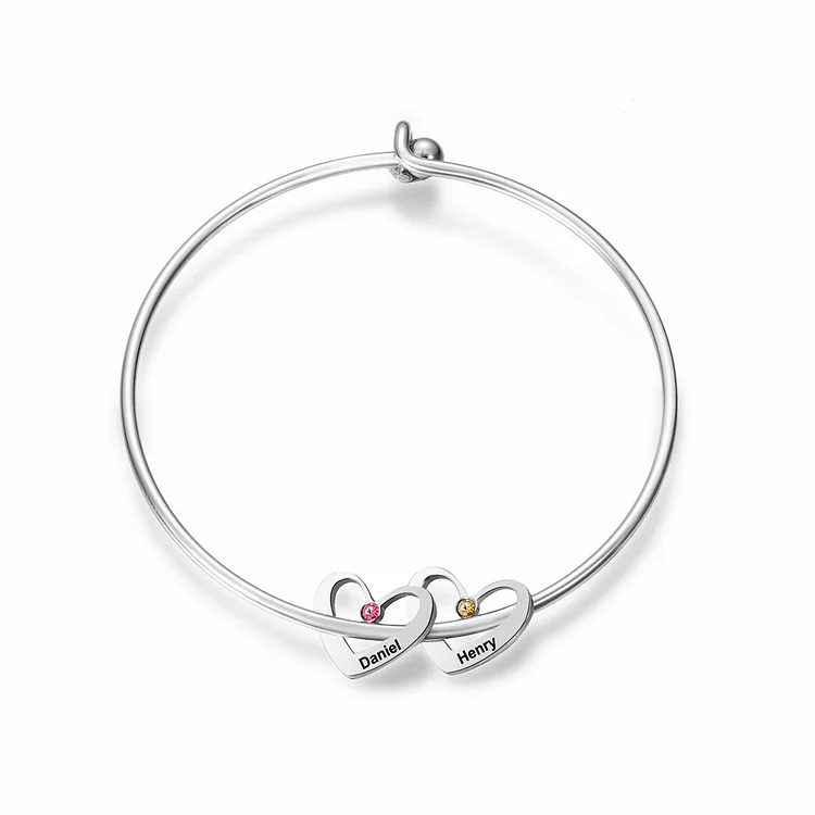 Personalized Heart Bangle With 2 Names and Birthstones Bangle Bracelet Mother's Day Gifts For women