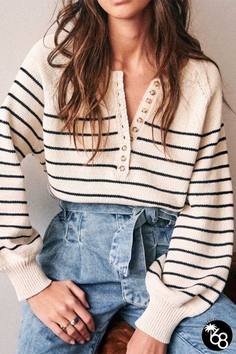 Casual Stripe Buckle Weave Contrast O Neck Sweaters | 168DEAL