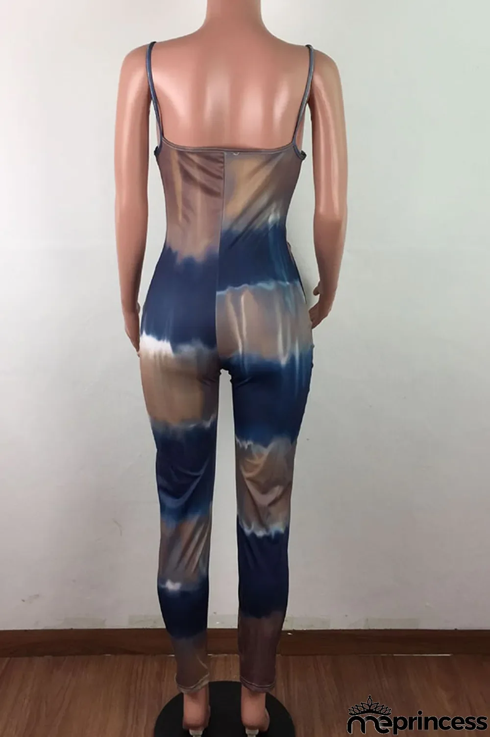 Blue Fashion Sexy Tie-dyed Sleeveless Slip Jumpsuits
