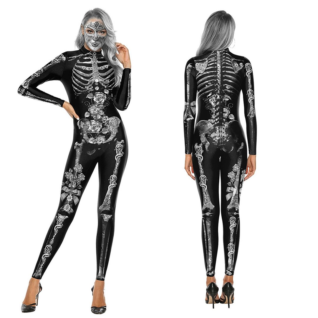 Halloween Adult Street Show Skeleton Elastic Jumpsuit Cosplay Costume-Pajamasbuy