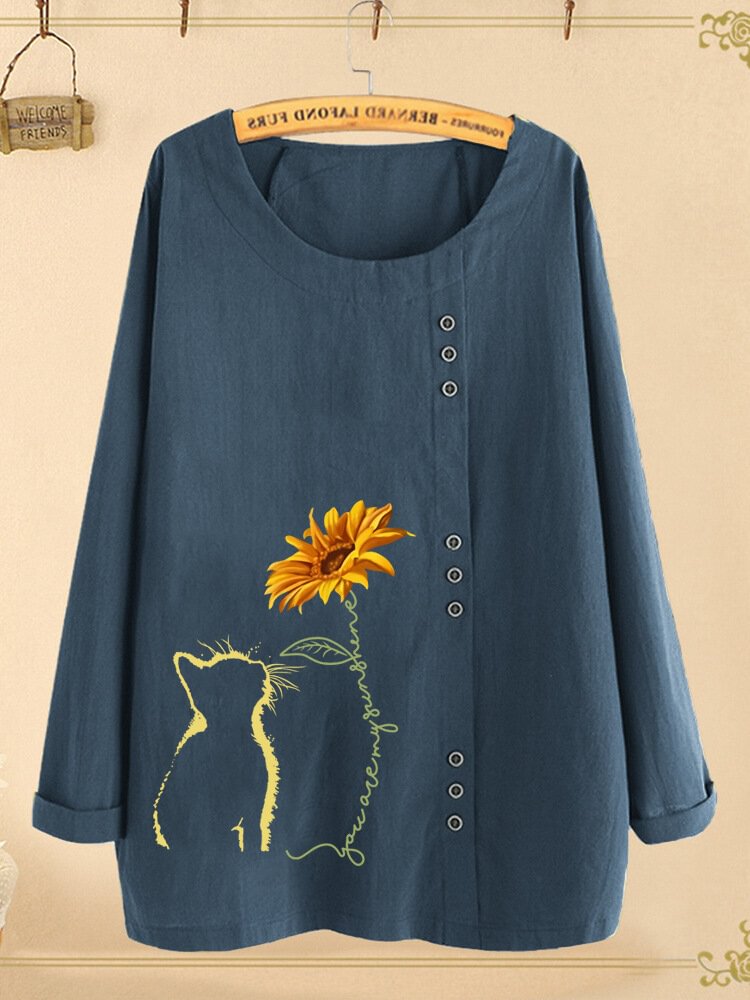 Cartoon Cat Printed Long Sleeve O neck Button Blouse For Women P1707498