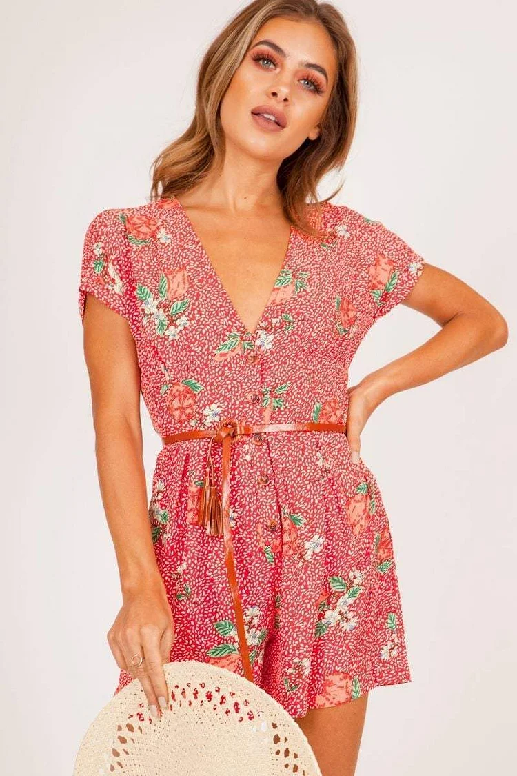Red Button Up Floral Playsuit Katch Me