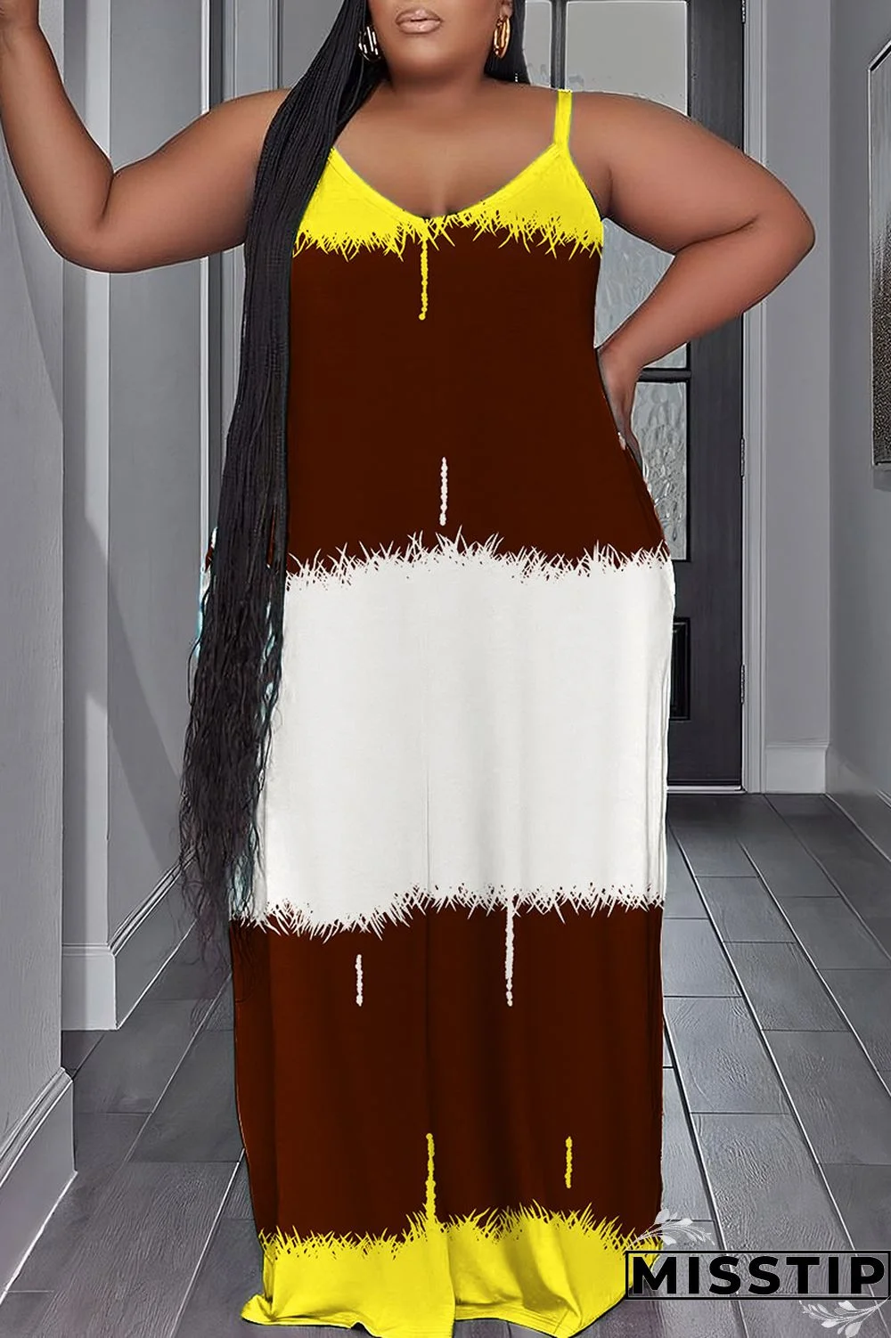 Brown Sexy Casual Print Backless Spaghetti Strap Long Dress Plus Size Dresses