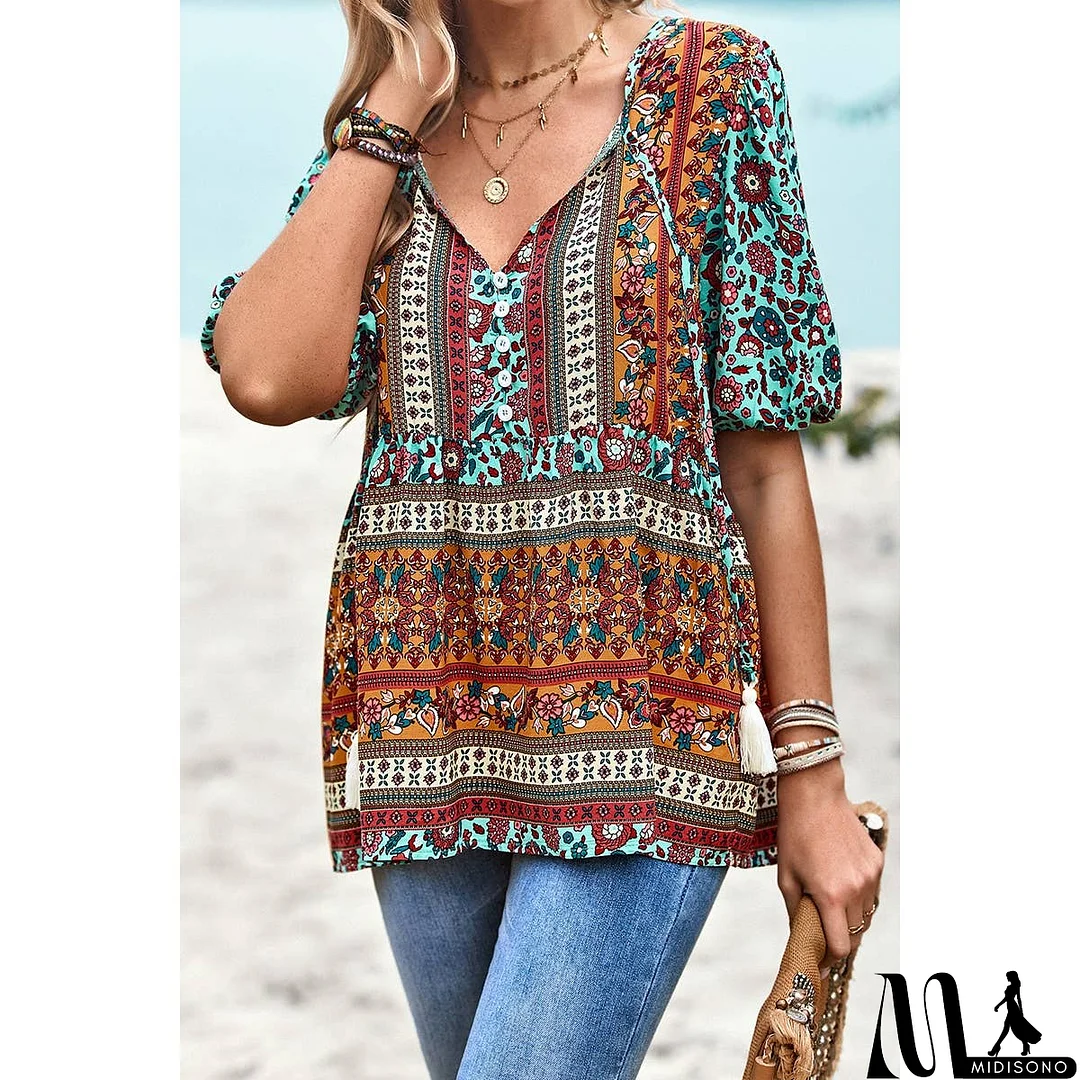 MidiSono - Floral Print Button Deep V Color Block Loose Fit Top