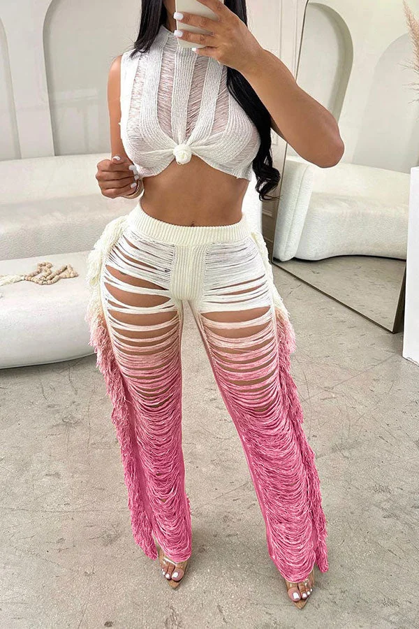 Gradient Ripped Cool Side Tassel Knitted Pant Suit
