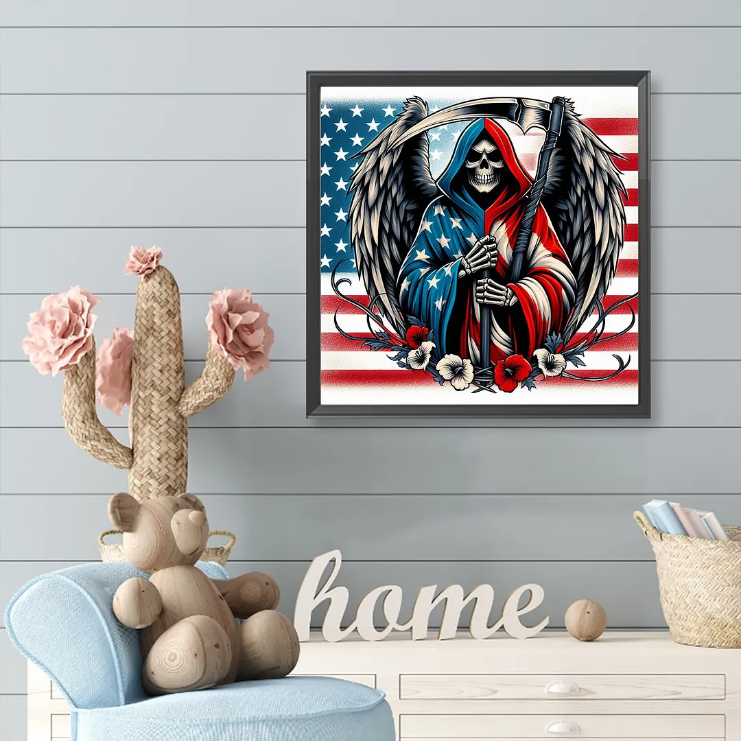 Independence Day Skull Full DIY 5D Round Drill Gem Art Diamond Painting Kits for Adults Beginner Home Wall Decoration Gift Crystal Art Paint by Diamond 40x40cm