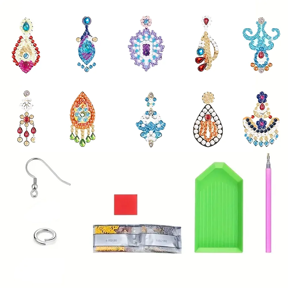 10Pairs DIY Double Sided Retro Pattern Holiday Diamond Art Earrings for Women Girls