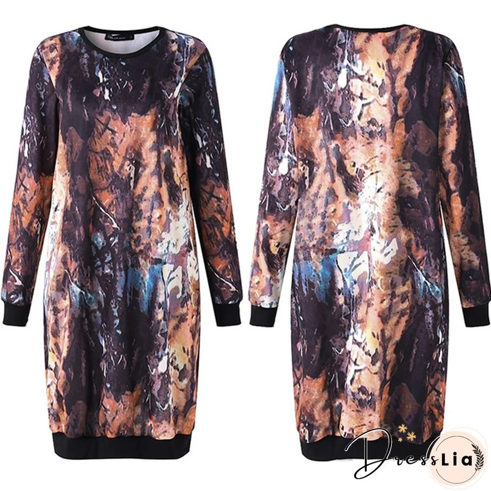 Autumn Winter Women Printed Midi Dress Tunic Long Sleeve Pockets Warm Vintage Casual Loose Long Sweatshirt Dress Plus Size