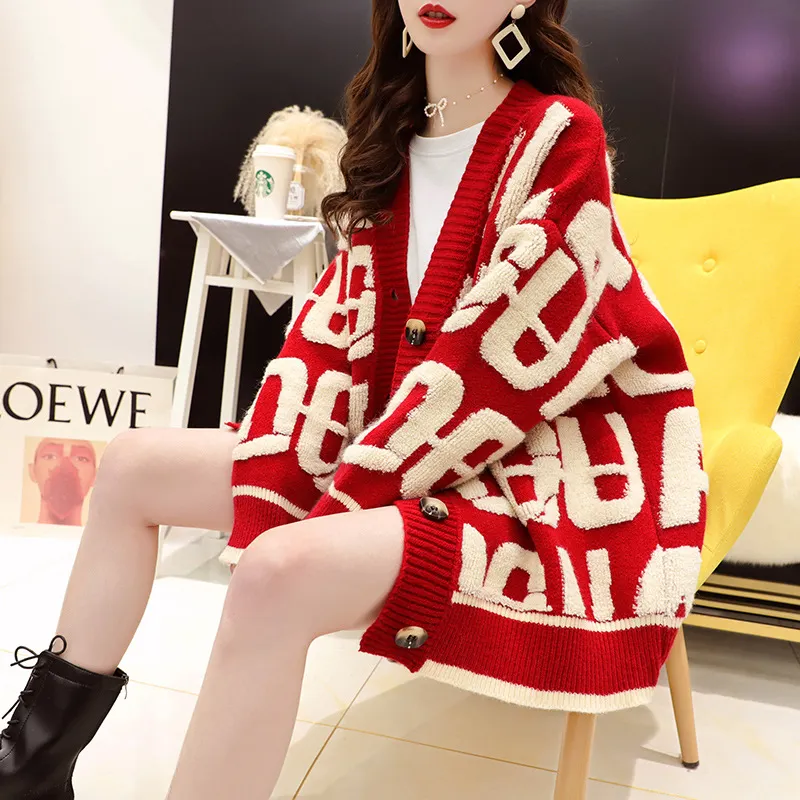 Nigikala Nigikala Dongdaemen Net Red Retro Letter Sweater Women Autumn And Winter Loose Lazy Wind Dopamine Round Knitted Shirt