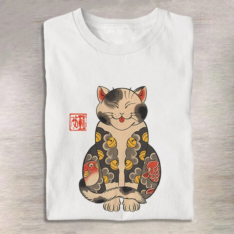 Cute Japanese Ukiyoe Tattoo Cat Print T-Shirt