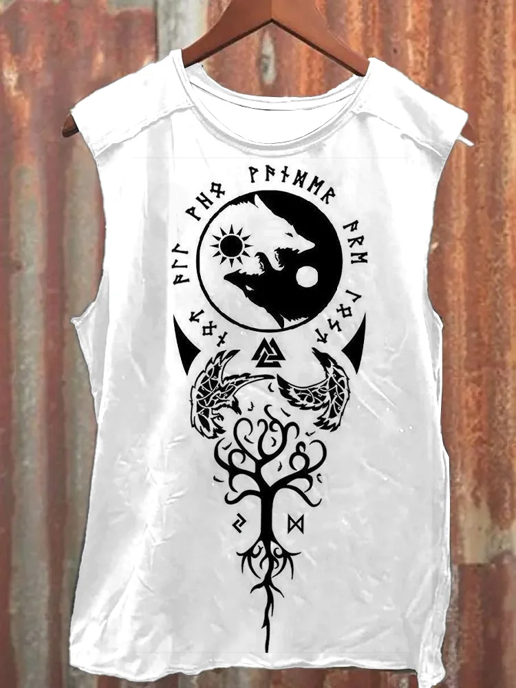 Comstylish Viking Rune & Wolf Print Vintage Vest