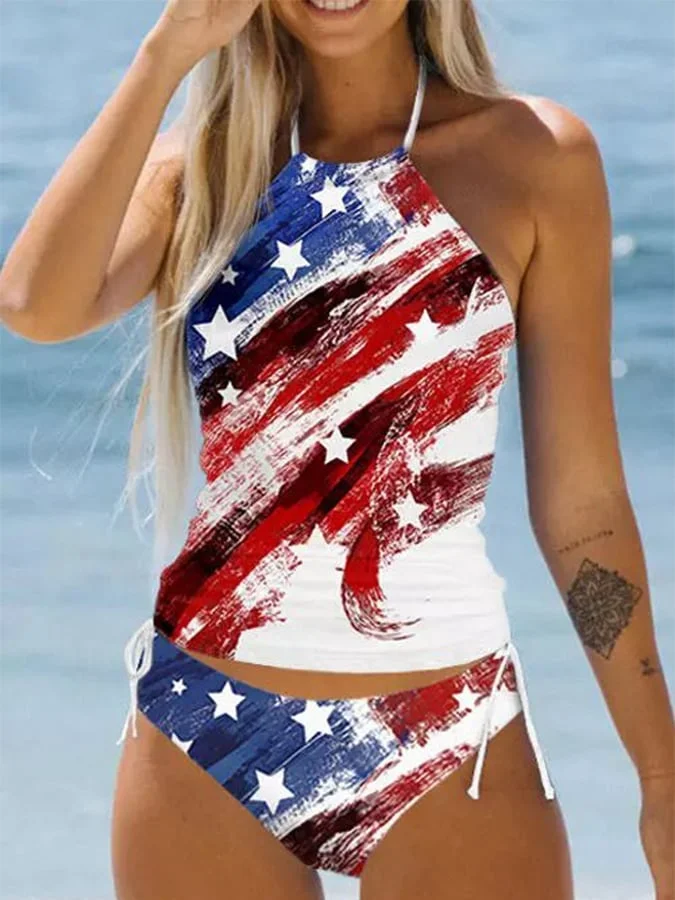 Women's American Flag Drawstring Halter Neck Strap Split Swimsuit Set