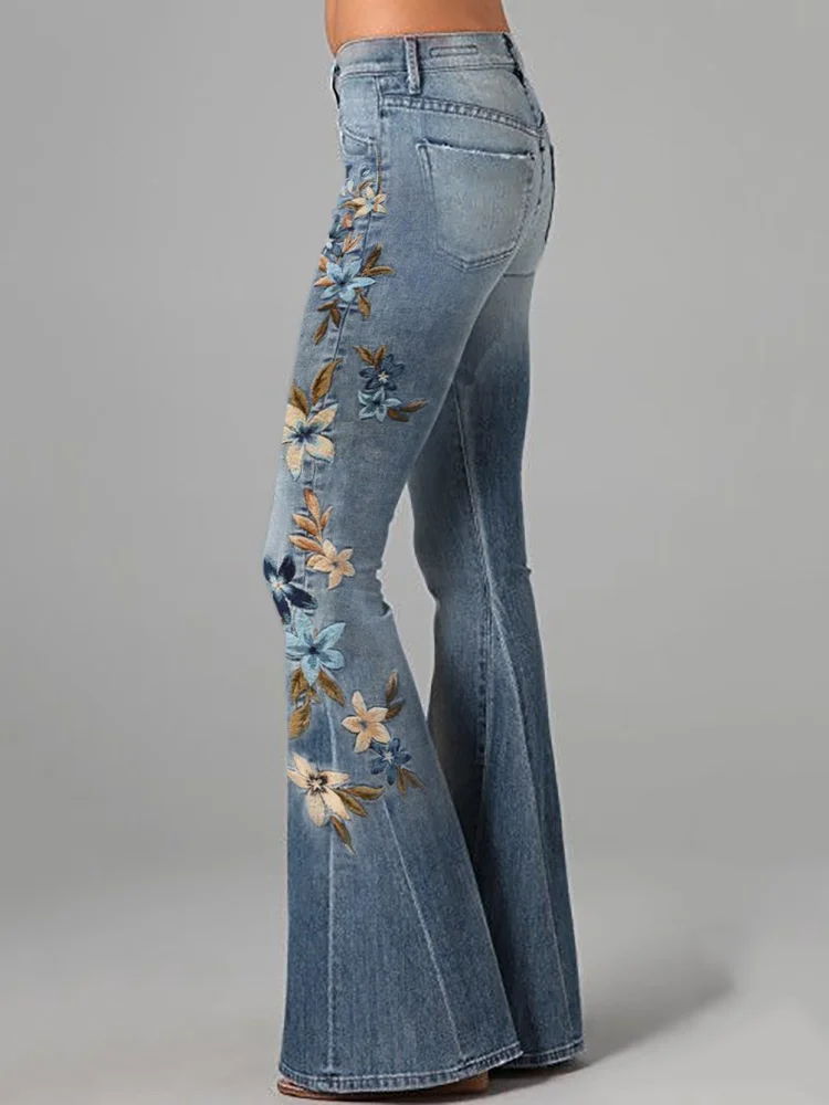 Blue & White Floral Embroidered Washed Flare Jeans