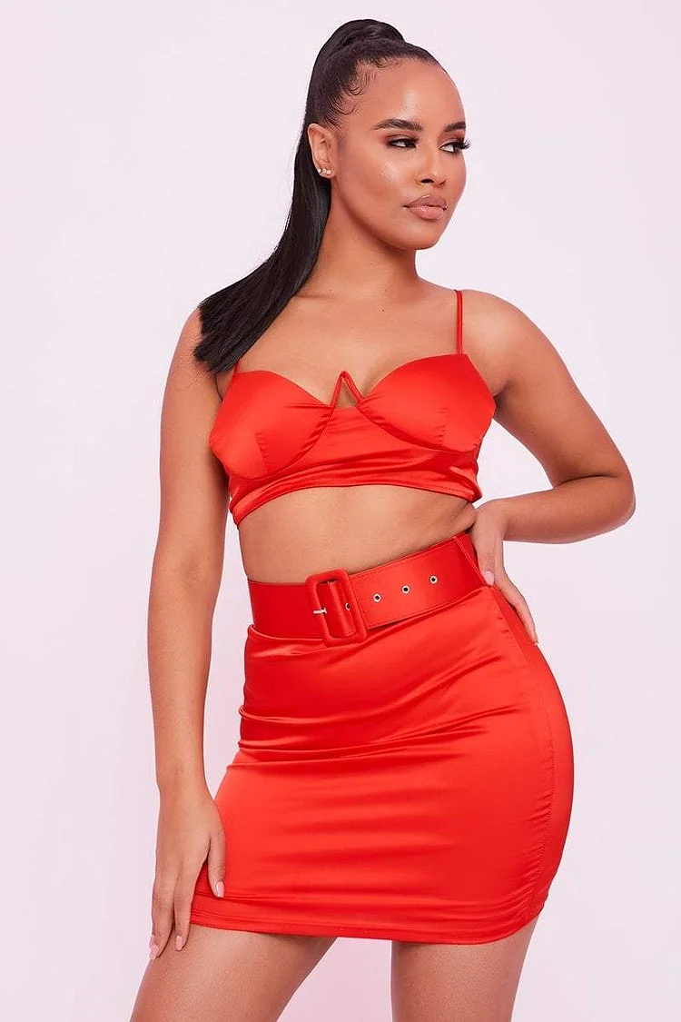 Red Satin Belted Mini Skirt - Trinity Katch Me