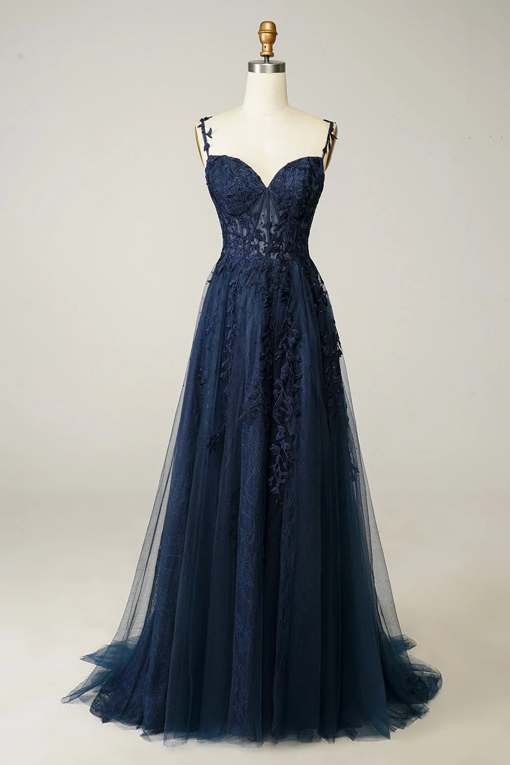 Miabel Elegant Spaghetti Strap Applique Blue Long Prom Dress