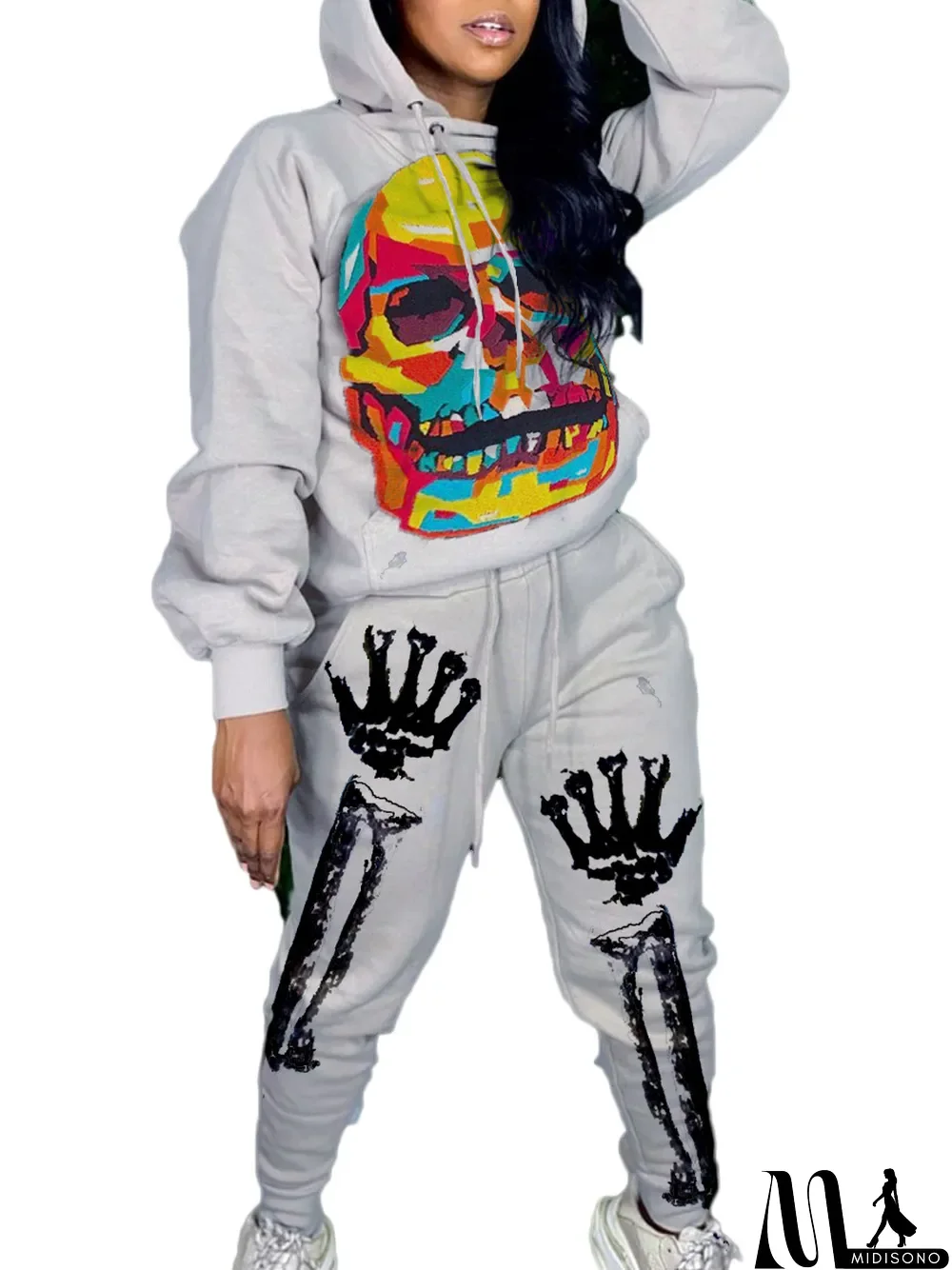 MidiSono - New Autumn Skull Halloween Thick Print Hat Long Suit