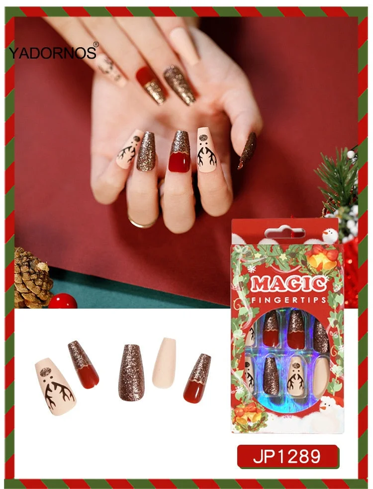 24pcs Christmas Stickers On Nails Patch Glue Type Removable Long coffin Paragraph Fashion Manicure free shipping press on nails-Nail Inspo