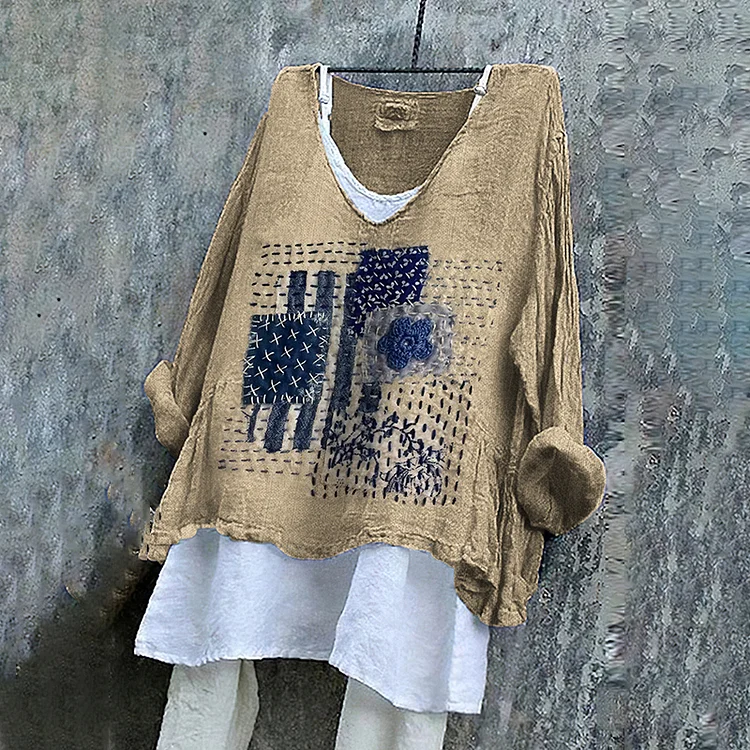 Women's Geometric Embroidered Textile Art Linen Blend Tunic