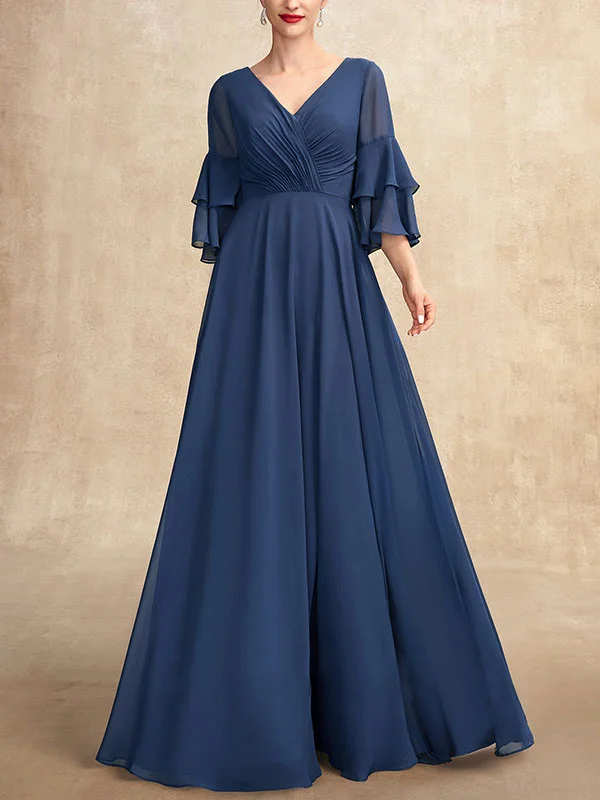 A-Line V-neck Floor-Length Chiffon Mother of the Bride Dress With Cascading Ruffles