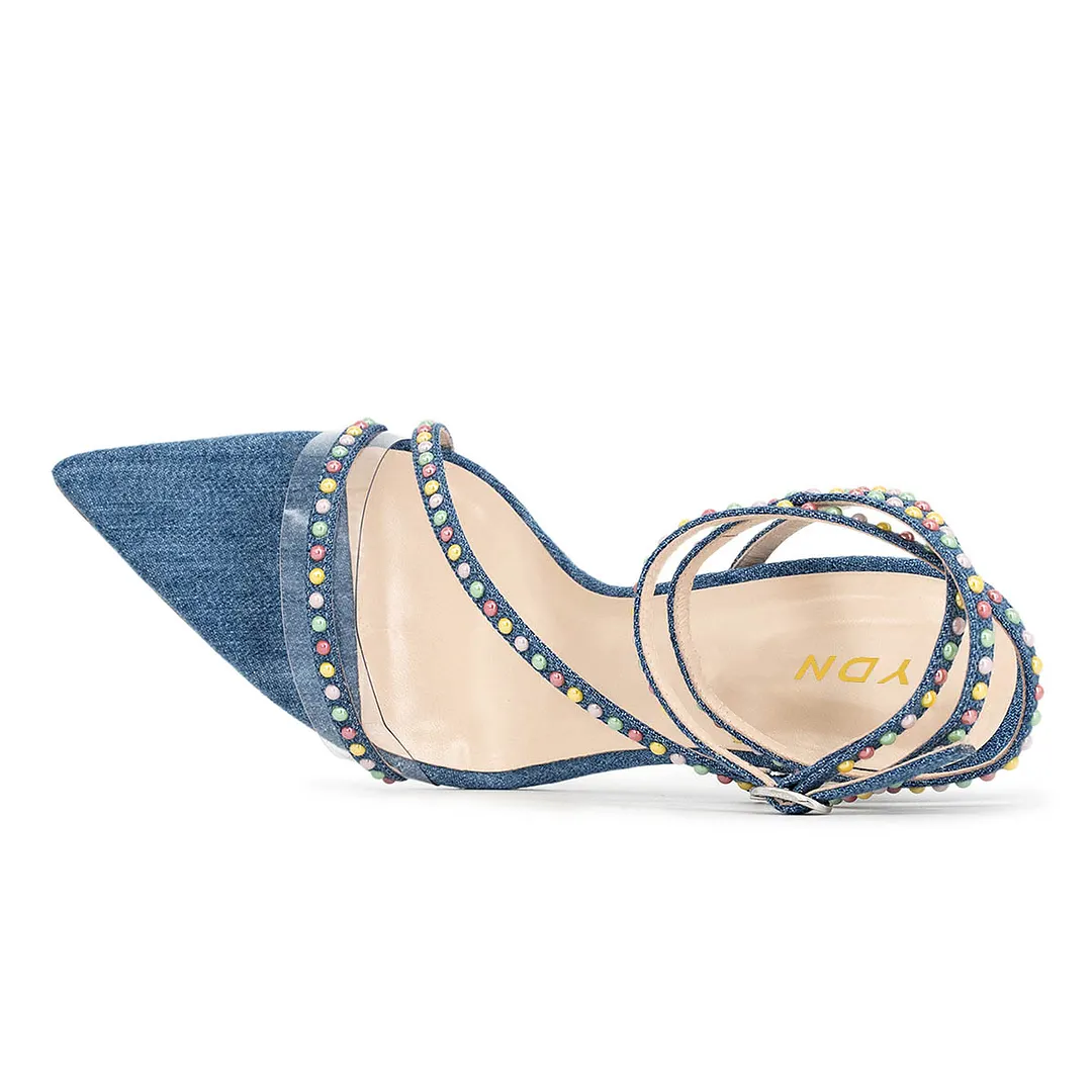 Blue Denim Patchwork Studded Ankle Strap Women's Heel Sandals