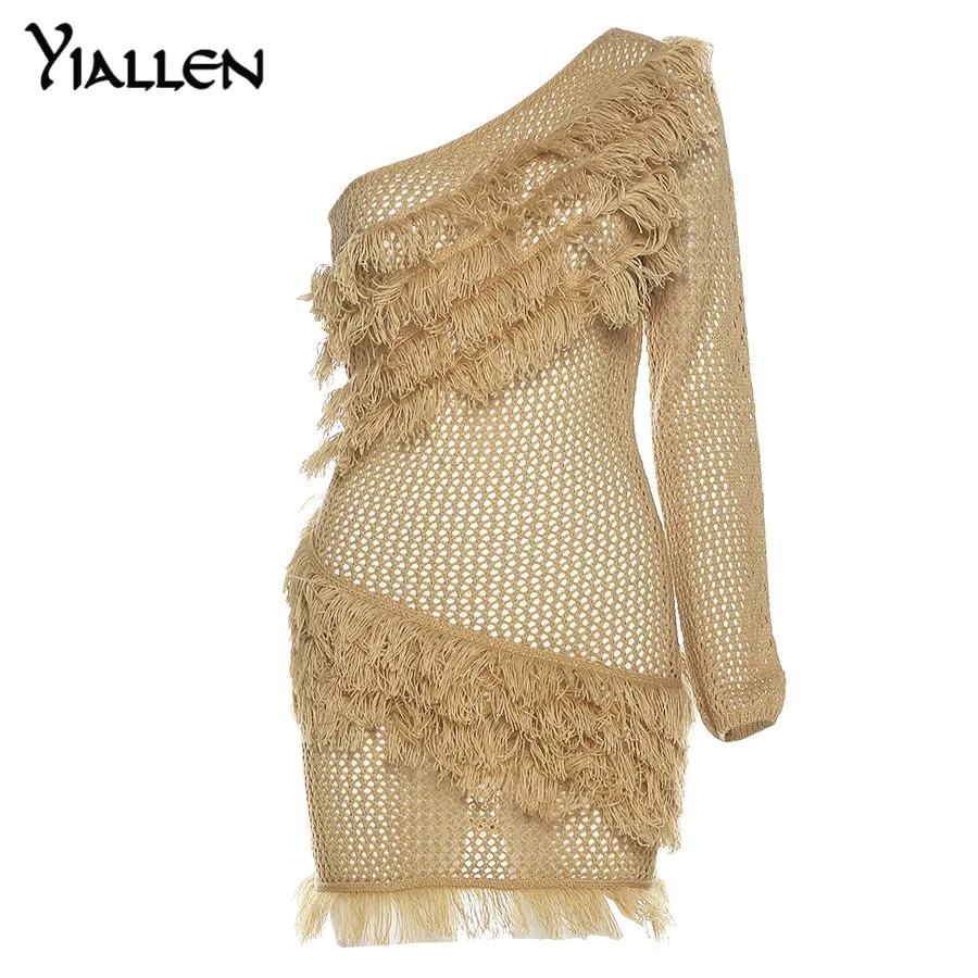 Yiallen Autumn New Fashion Sexy See Through One Shoulder Tassel Mini Bodycon Dress Women Y2K Streetwear Beach Club Night Dress