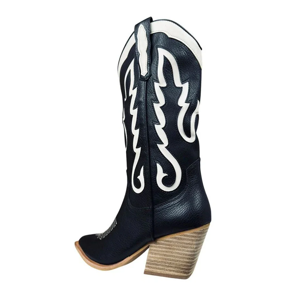 Black & White Pointed Toe Embroidered Patchwork Mid Calf Cowgirl Boots