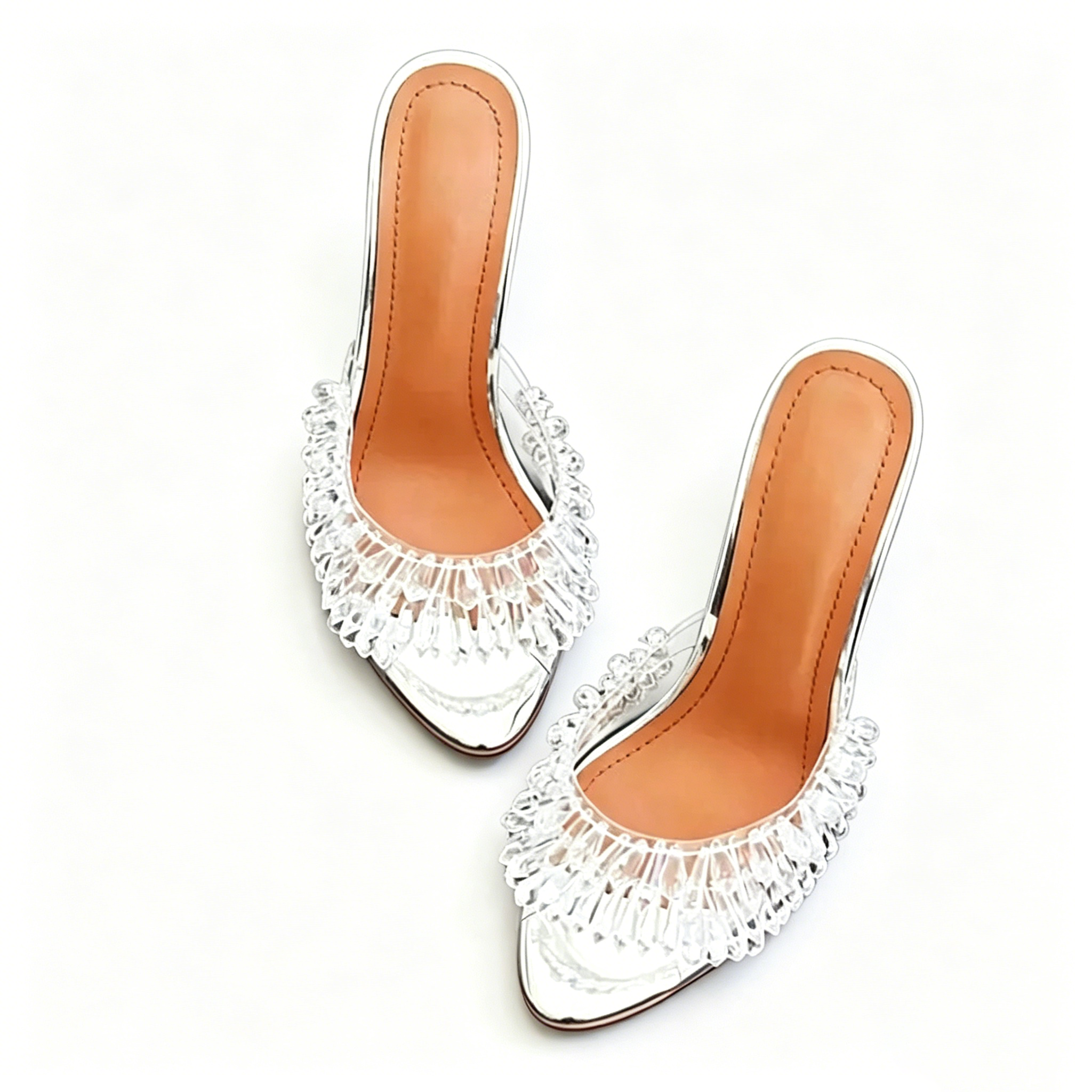 Women&rsquo;s Clear Drop Crystal Open Toe Mules Sparkling Silver Mirrored High Heels for Party Wedding  highheelher