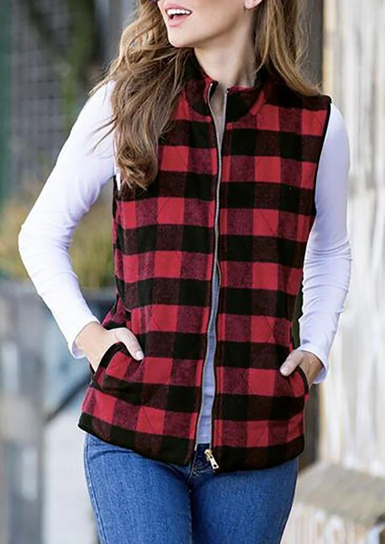 Stand Collar Plaid Zipper Pocket Sleeveless Vest Coat