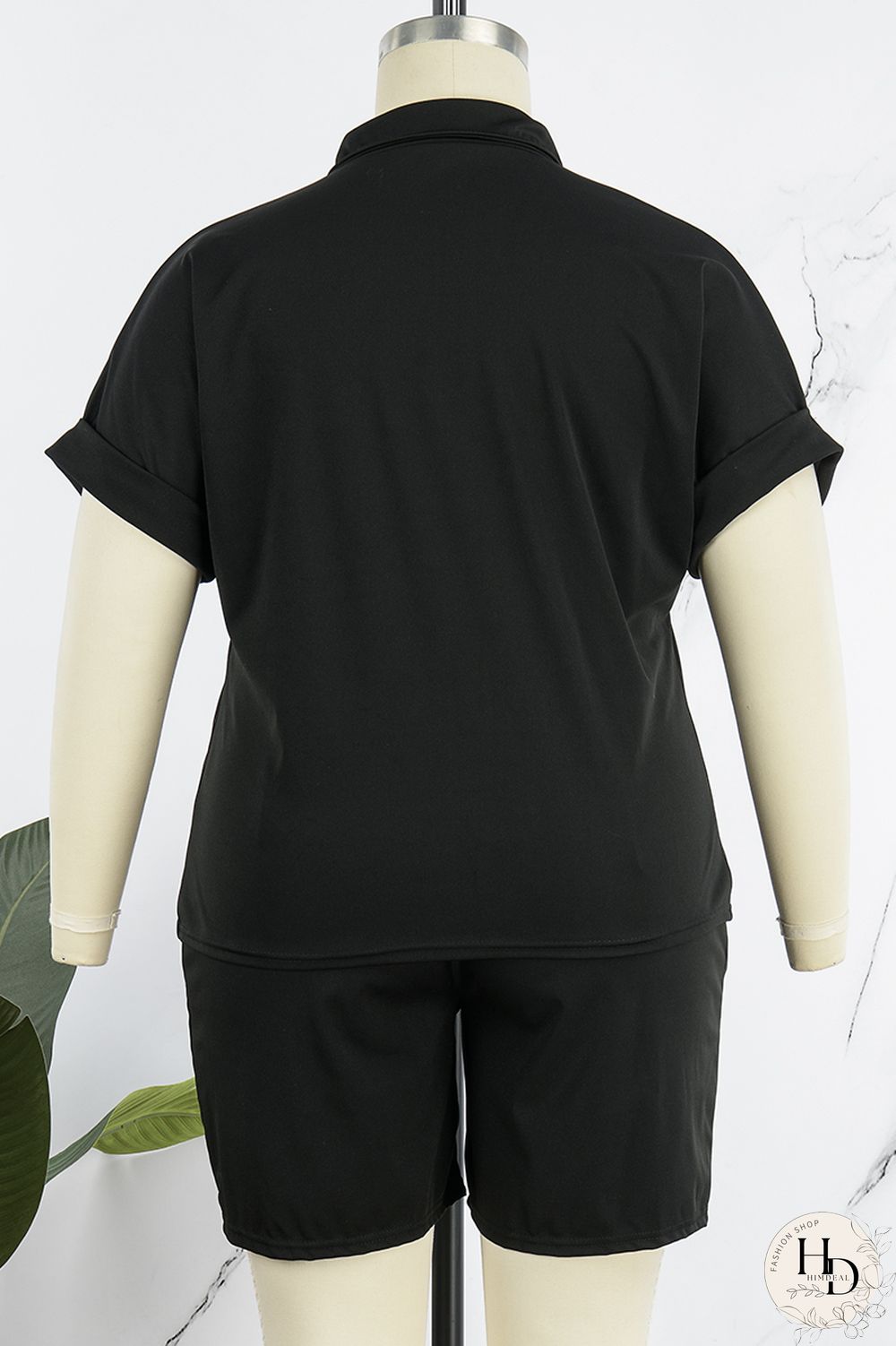 Black Casual Solid Patchwork Turndown Collar Plus Size Two Pieces