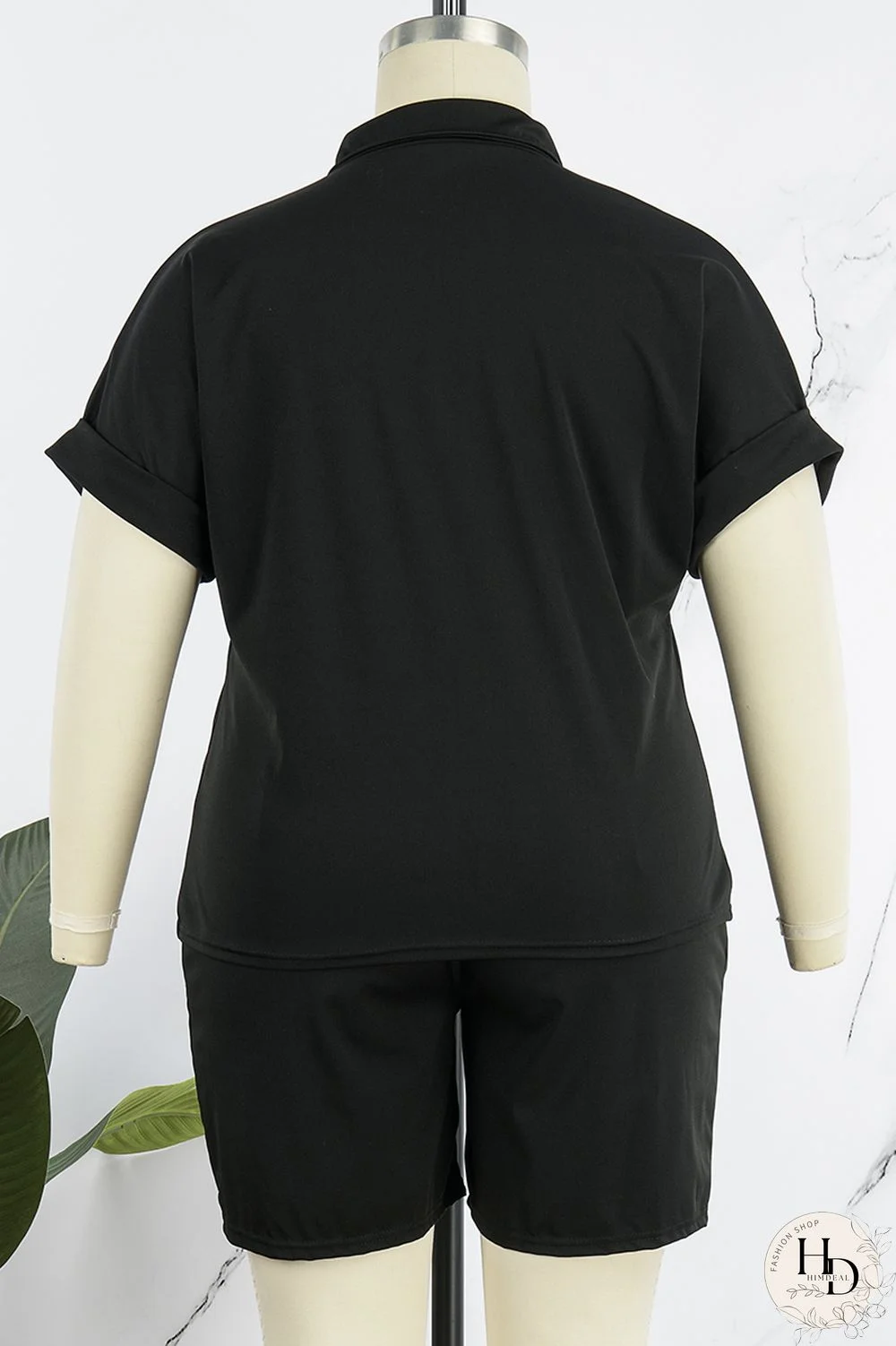 Black Casual Solid Patchwork Turndown Collar Plus Size Two Pieces