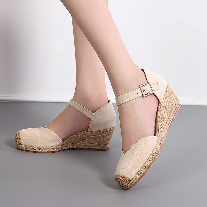 Wongn Wongn Shoes Female Slope Heel Platform New Spring And Autumn Suede One Word Buckle High Heel Hollow Single Shoe Straw Woven