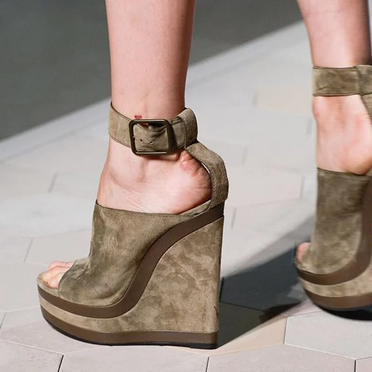 Women's Dark Khaki Wedge Heel Peep Toe Platform Sandals |FSJ Shoes