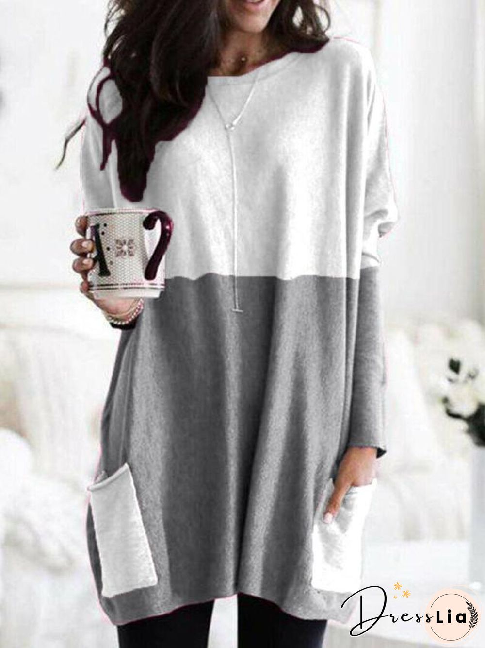 Hot Sale New Fashion Stitching Pocket Mid-length Loose Long-sleeved T-shirt Women