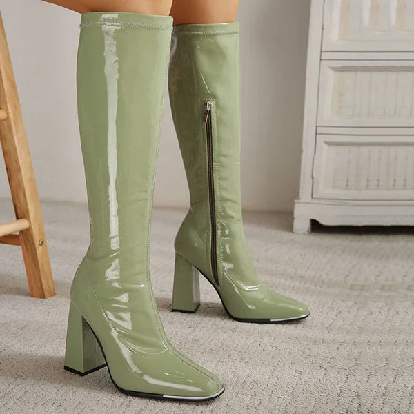 Striking Square Toe Patent Leather Block Heel Knee High Boots-Olive Green Radinnoo.com
