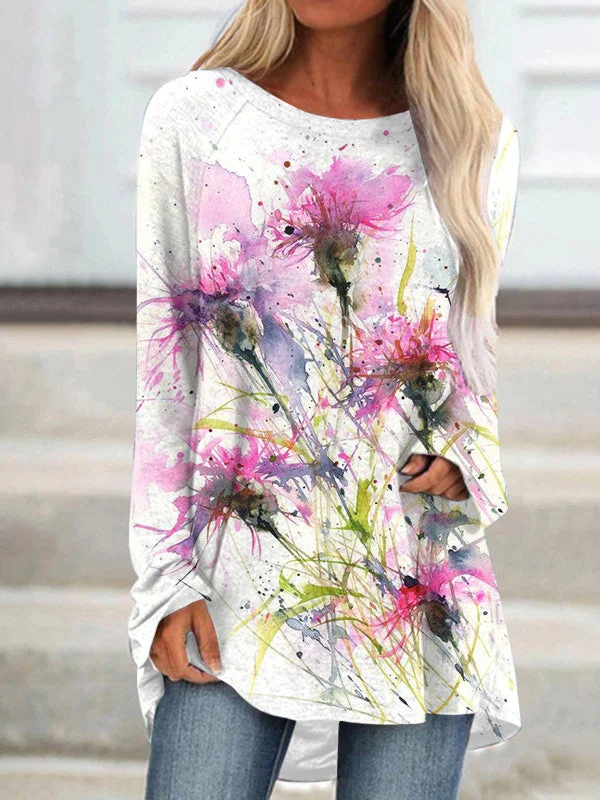 Women's Floral Gradient Printed Scoop Neck Long Sleeve Top