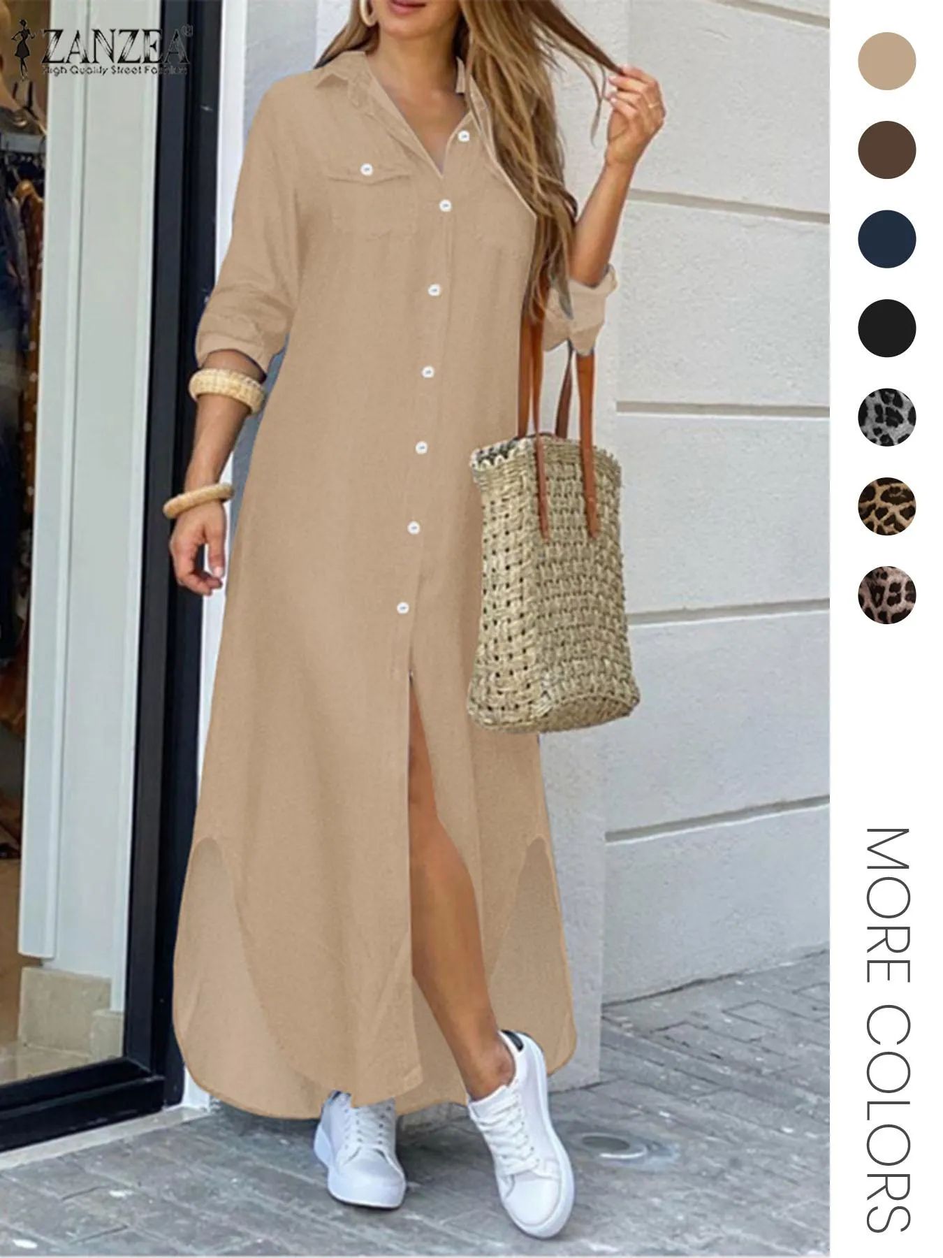 Women's Leopard Print Button Front Flap Pocket Shirt Fabric Dress, Casual Curved Hem Long Sleeve Collared Long Dress for Daily Wear, Ladies' Clothes for All Seasons, Womenswear