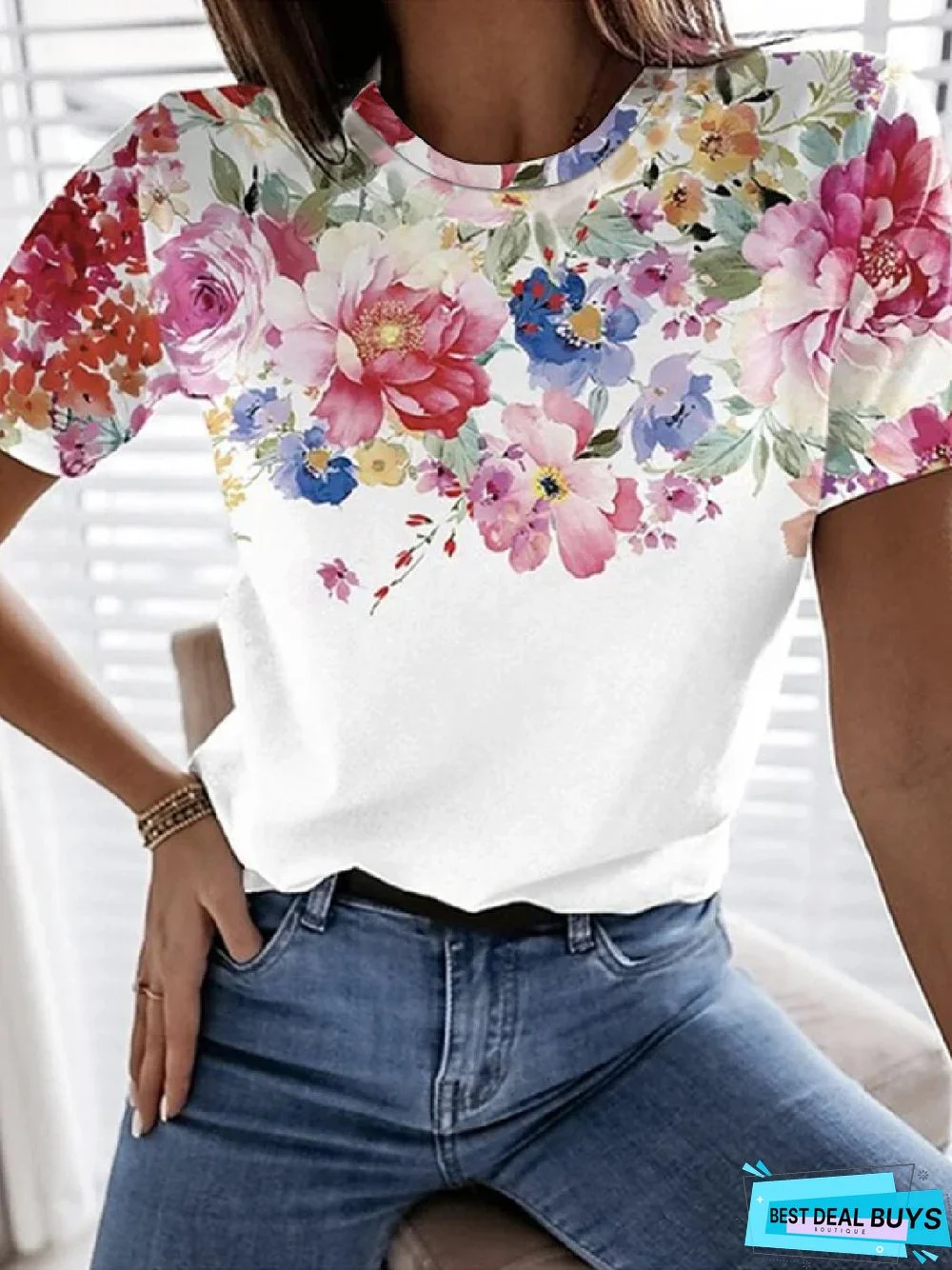 Casual Floral Crew Neck Short Sleeve T-Shirt