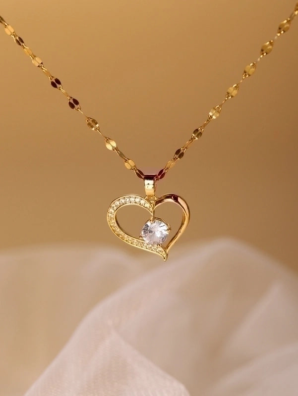 Elegant Heart Shape Stainless Steel Zircon Hollow Out Pendant Necklace