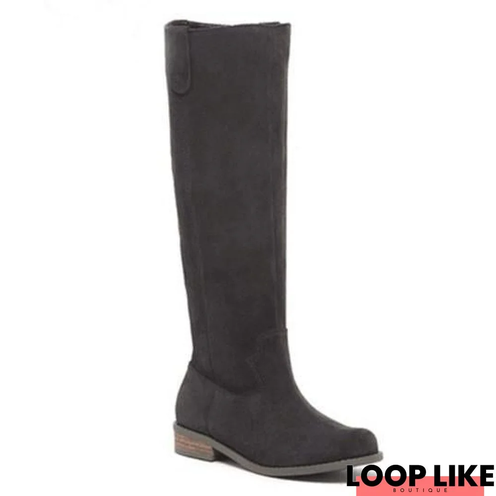 Plain Flat Velvet Round Toe Casual Knee High Flat Boots