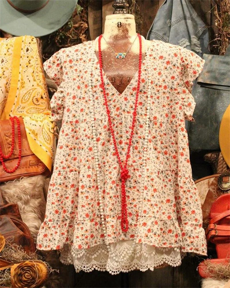 Women's Round Neck Floral Print Short Sleeve Top