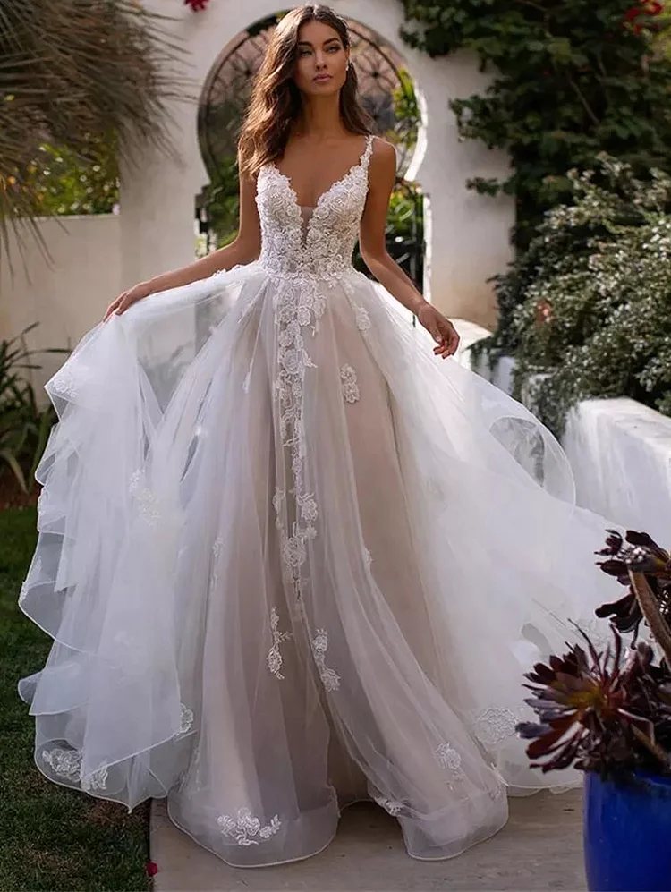 Boho A-Line Backless Wedding Dress 3D Flowers Spaghetti Straps Bride Dresses