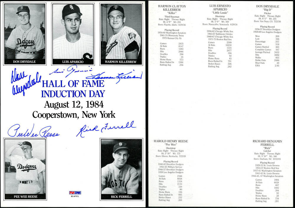 Don Drysdale Aparicio Killebrew SIGNED 8x10 84 HOF Induction Card Photo Poster painting PSA/DNA