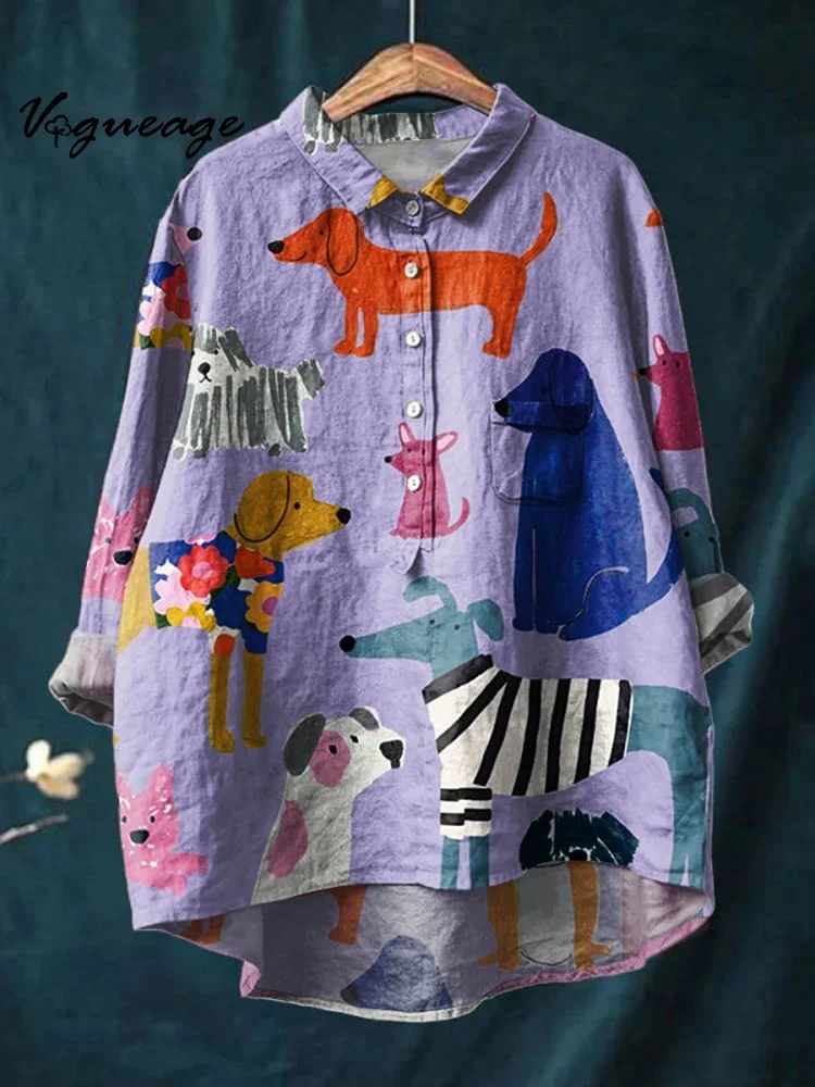 Colorful Dachshund Print Cotton And Linen Shirt