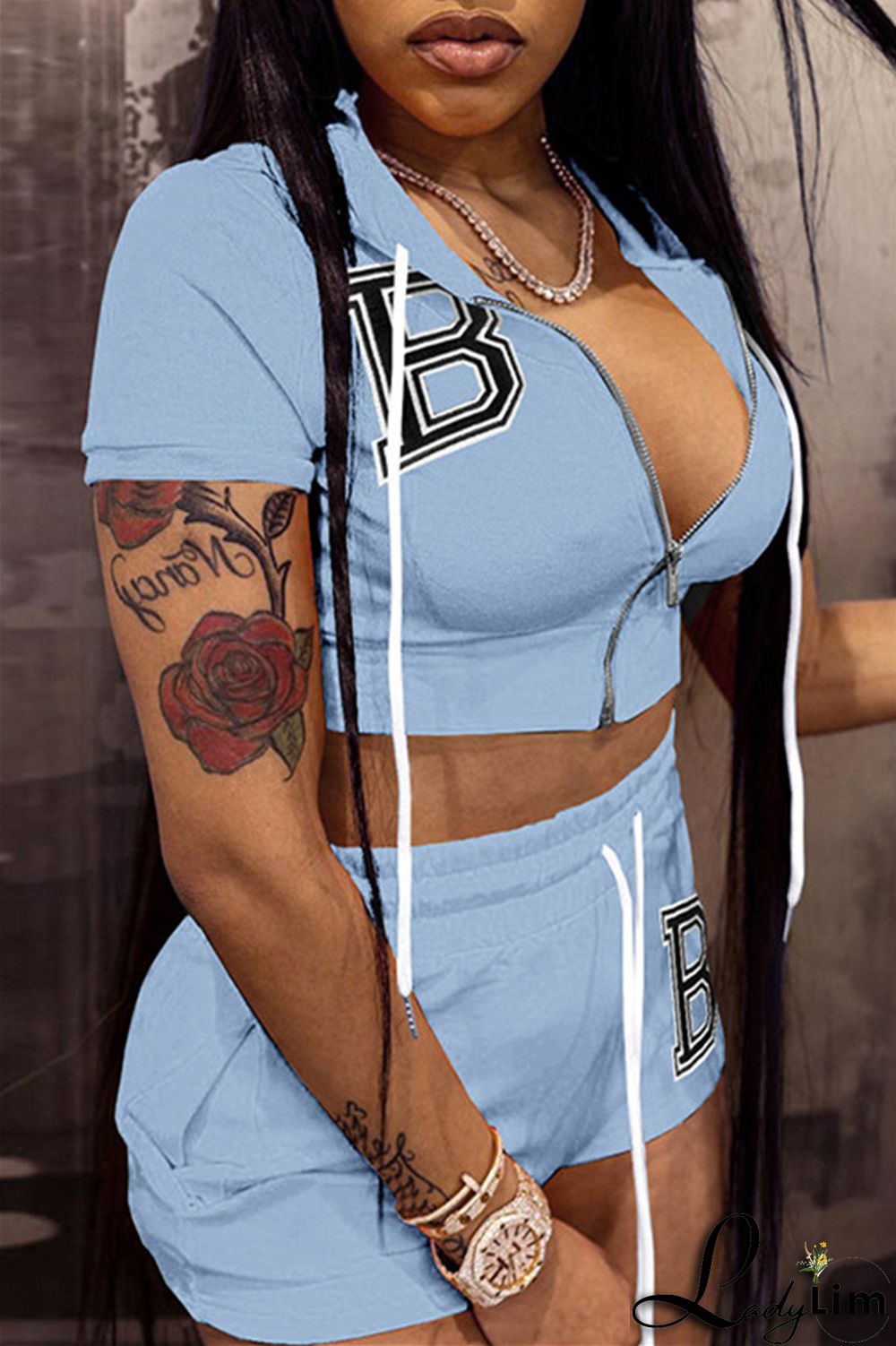 Pink Fashion Casual Letter Solid Embroidered Hooded Collar Short Sleeve Two Pieces