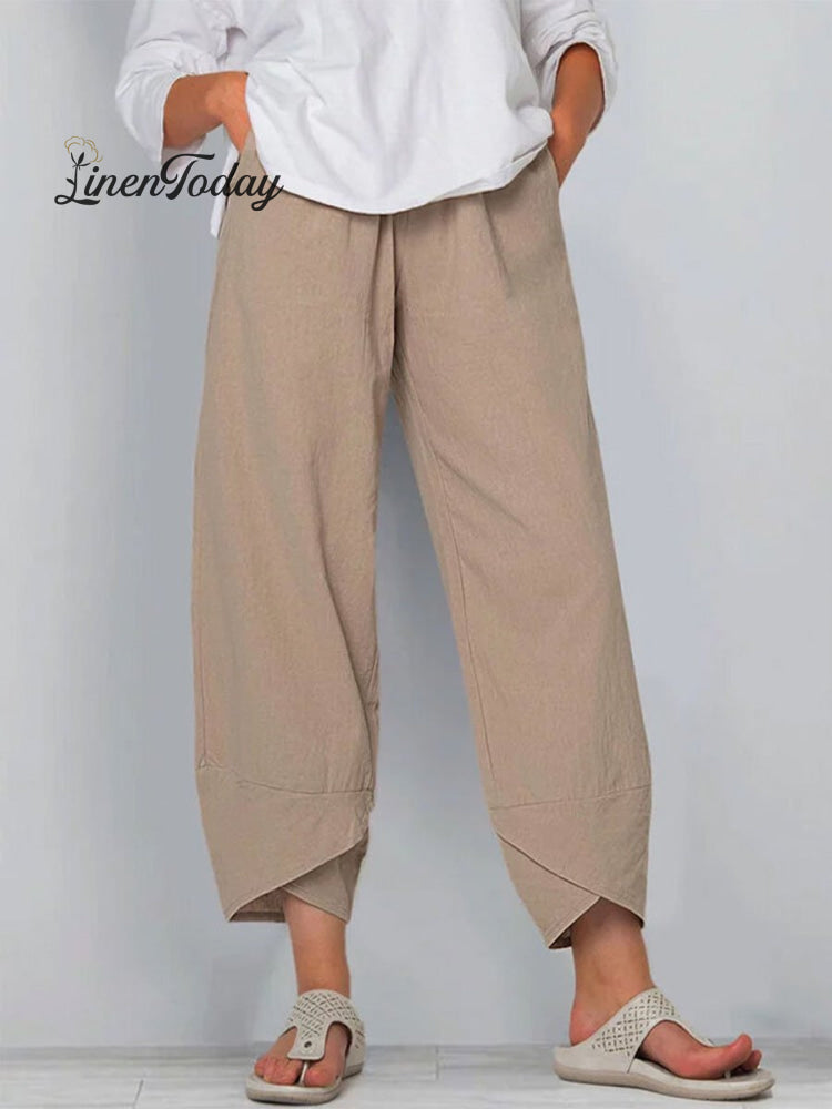 Women’s Solid Color Loose Elegant Casual Simple Cotton And Linen Ninth Pants Khaki / S
